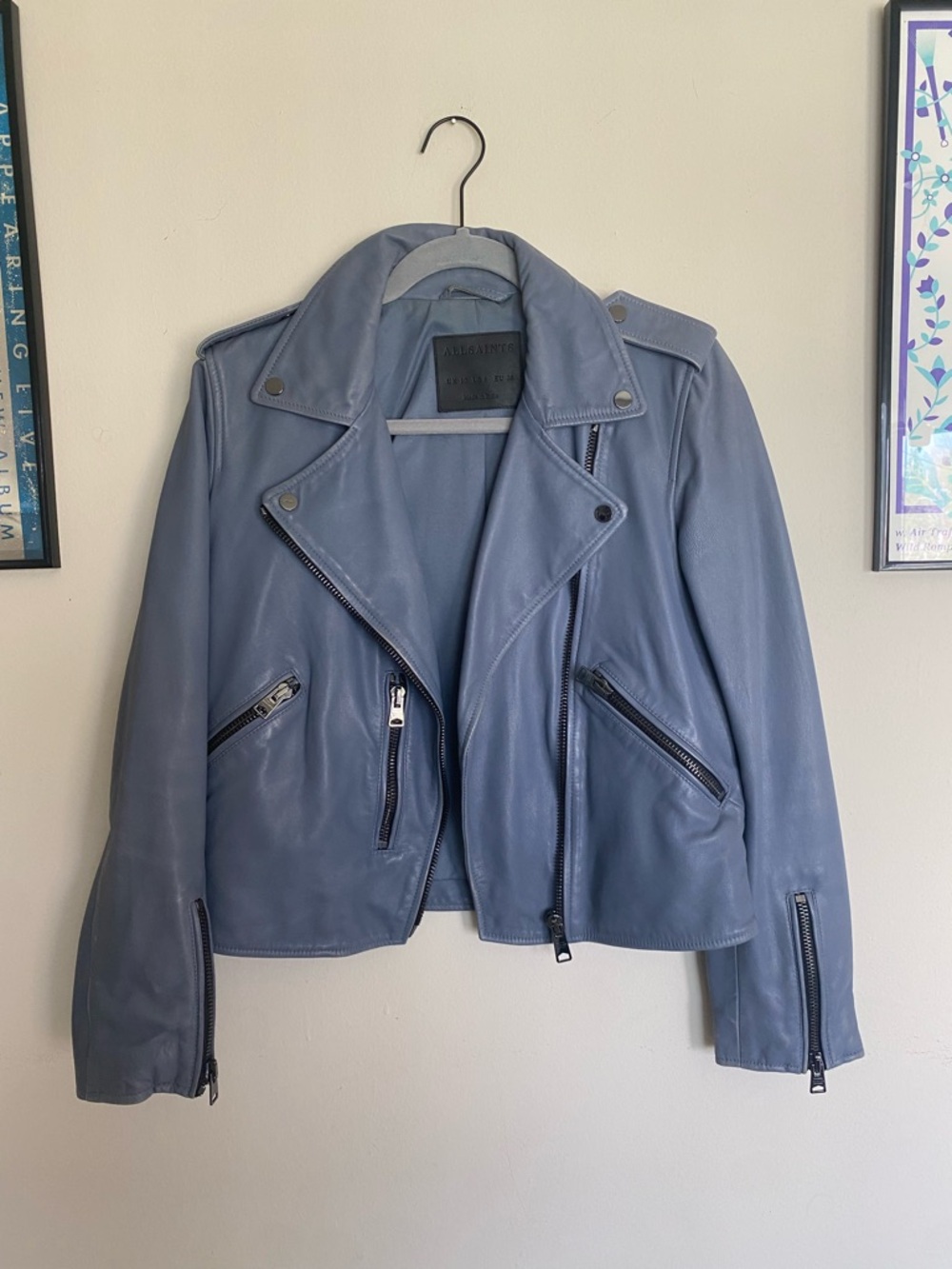 All Saints Leather Biker Jacket in Dusty Blue - Picture 3 of 7